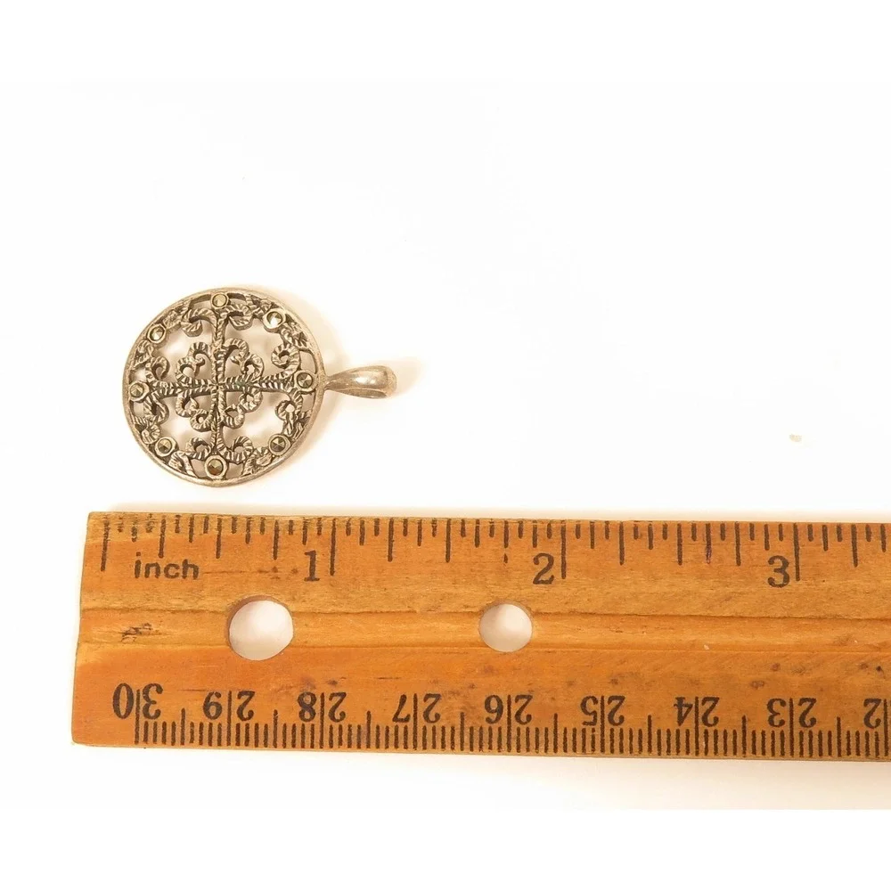 Sterling Silver 925‎ CN Signed Round Filigree Marcasite Stone Necklace Pendant